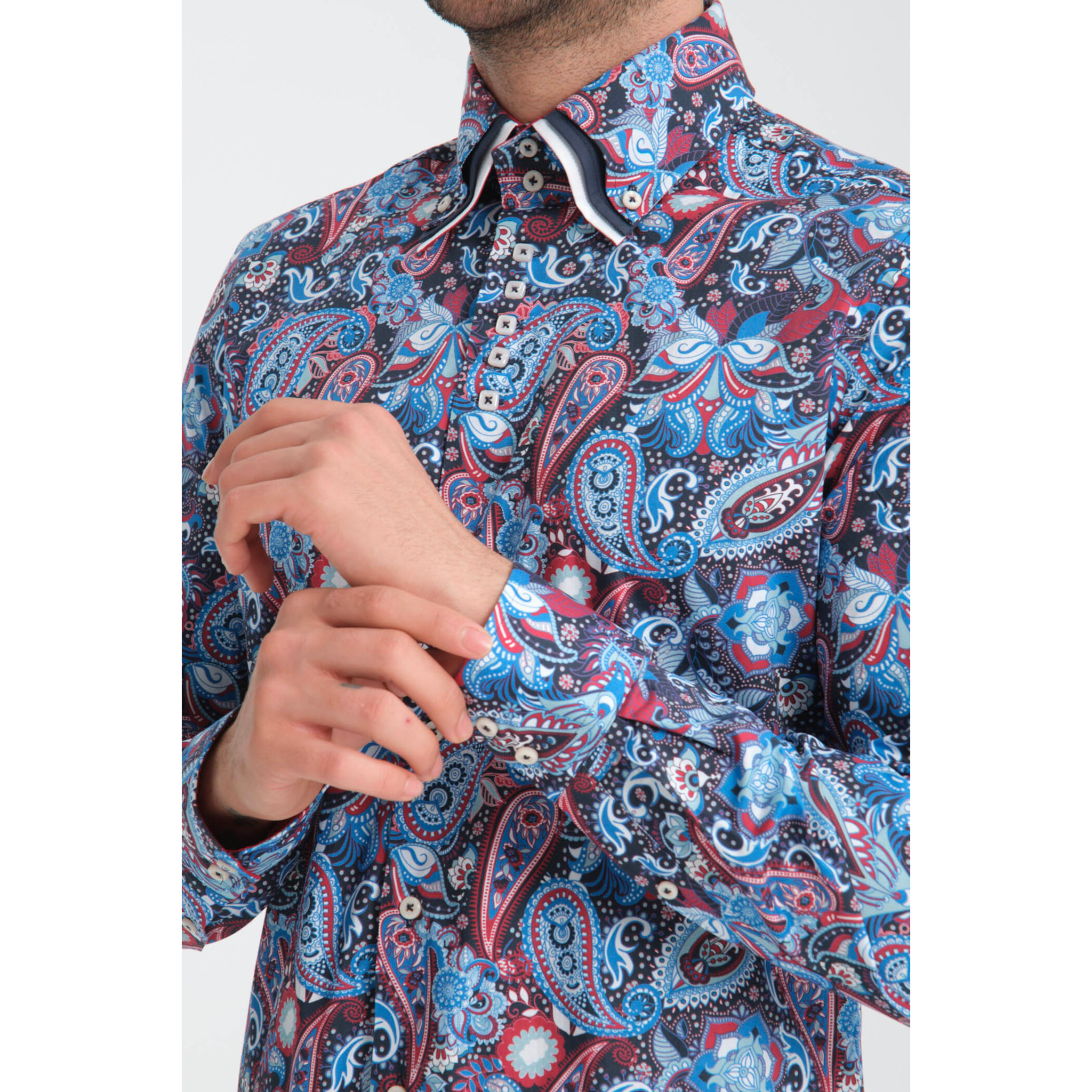 Camicia Uomo 2 Bottoni Button Down Triplo Collo Slim Popeline Stretch Stampato Bluette e Rosso
