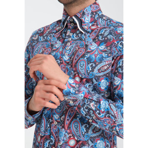Camicia Uomo 2 Bottoni Button Down Triplo Collo Slim Popeline Stretch Stampato Bluette e Rosso