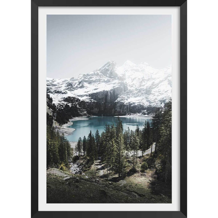 Affiche paysage lac de montagne au sommet Affiche + cadre en bois - Noir
