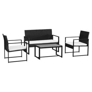 Salon de jardin MAJORQUE en résine tressée noir 4 places - coussins ivoire