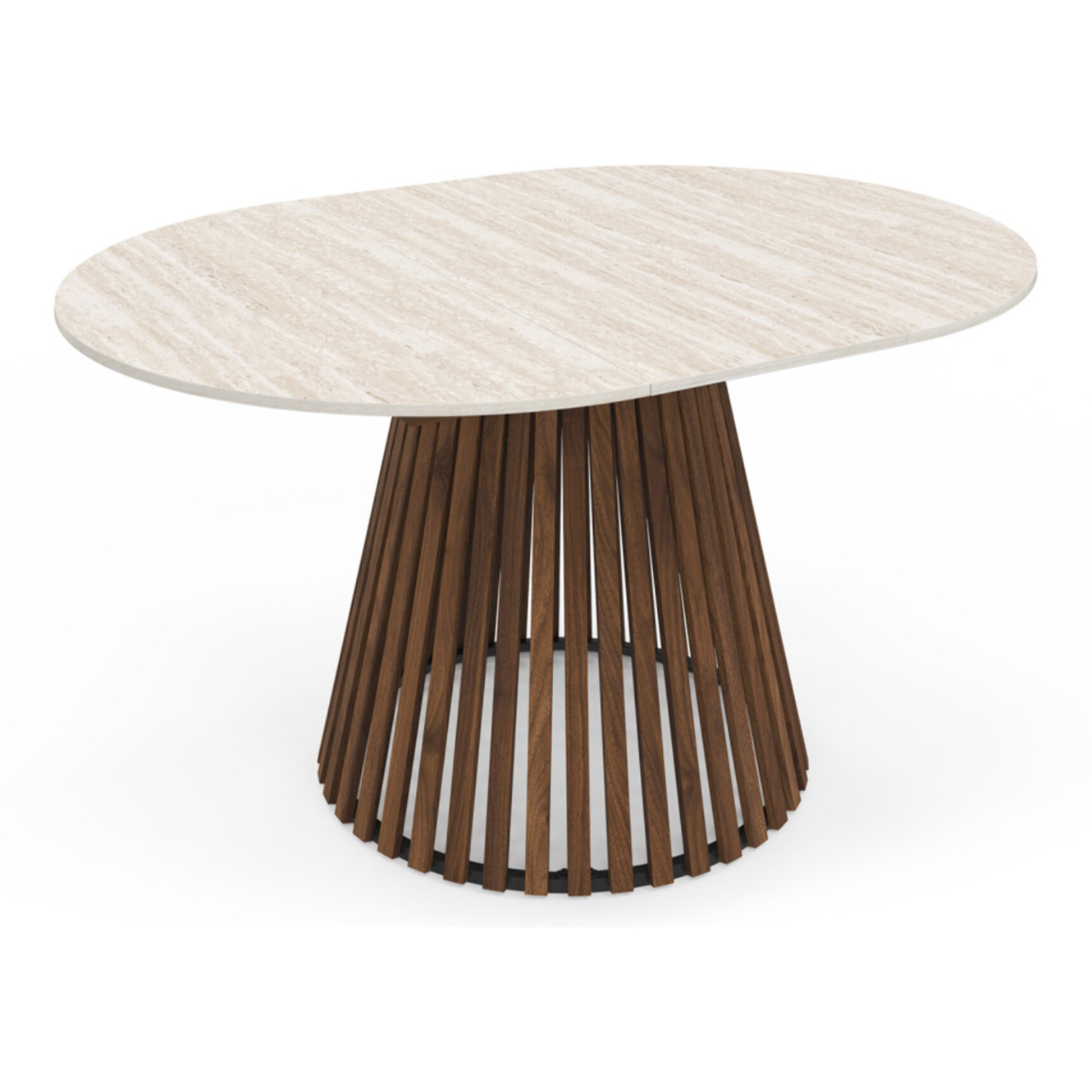 Table à manger ronde extensible Camélia effet travertin et pied lattes Ø110-150cm