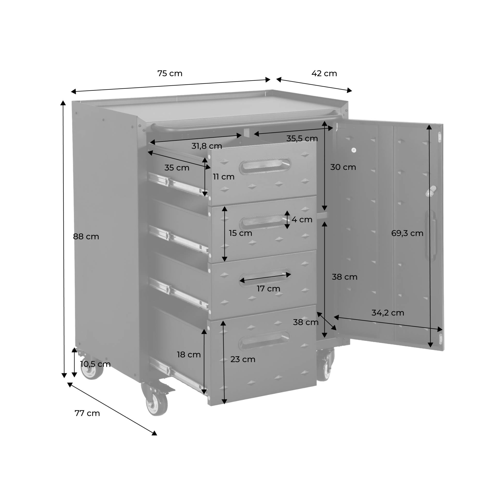 Meuble bas de rangement pour garage avec 4 tiroirs et une porte
