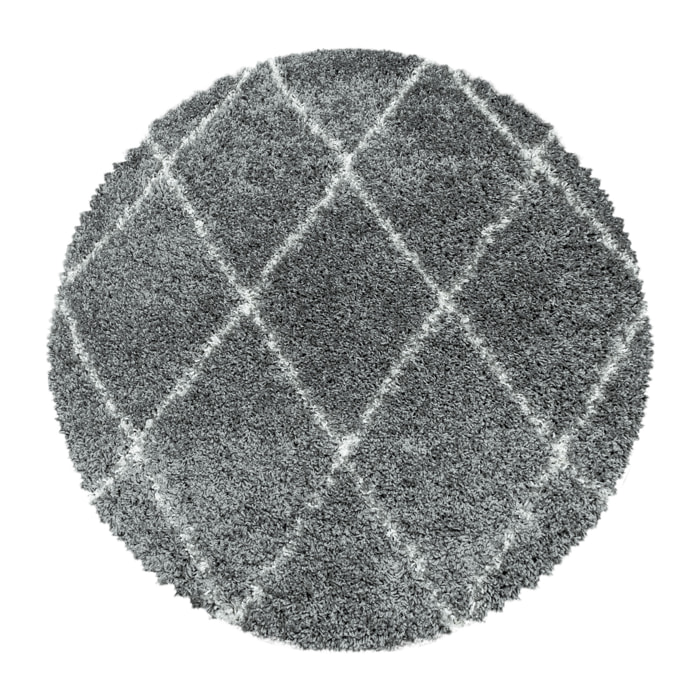 ALVOR - Tapis shaggy rond à poils longs motif berbère gris