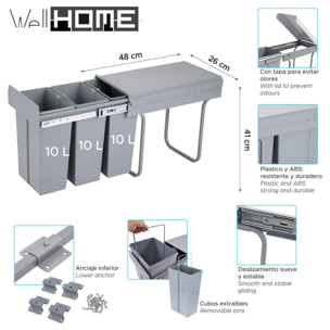 Contenedor de reciclaje para mueble de cocina, cubos de basura bajo fregadero, fijación inferior y extracción manual, cubos extraíbles, con tapa