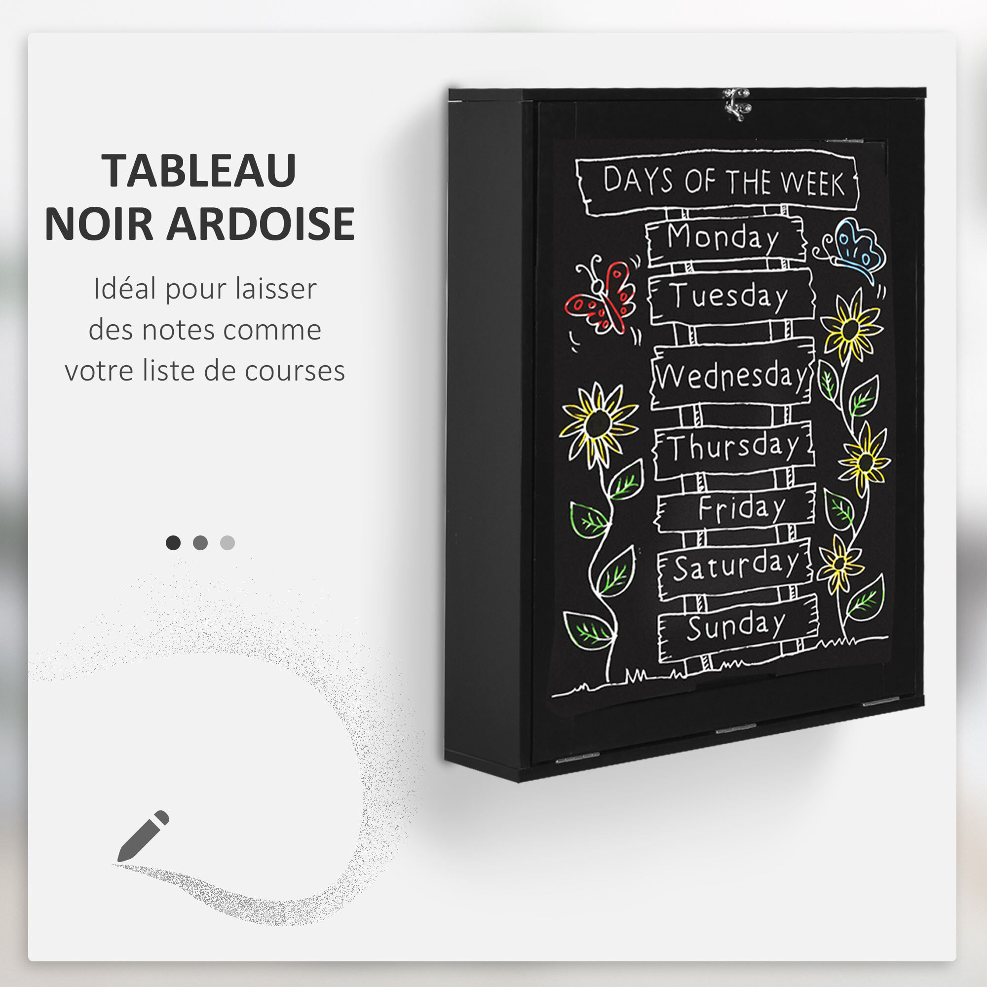 Bureau mural pliable table murale rabattable suspendue sur pied étagère + tableau à craie intégré MDF noir