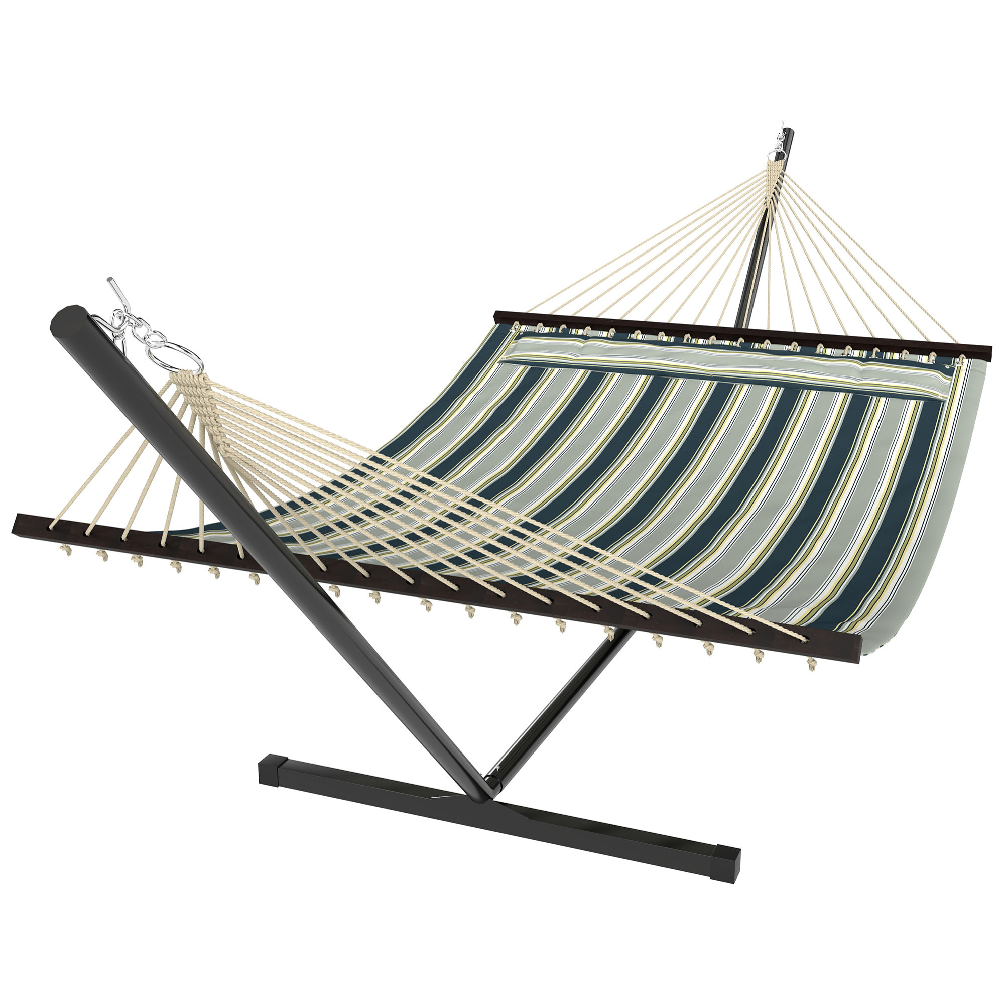 Hamaca con Soporte, Hamaca de Jardín Portátil con Almohada Desmontable, Barras Separadoras, Marco de Acero, Carga 120 kg, para Patio, Terraza, Diseño Rayas, 353x94x115 cm, Verde