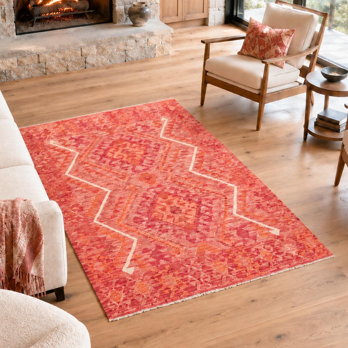 Tapis kilim géométrique, tissé plat en laine, UMES