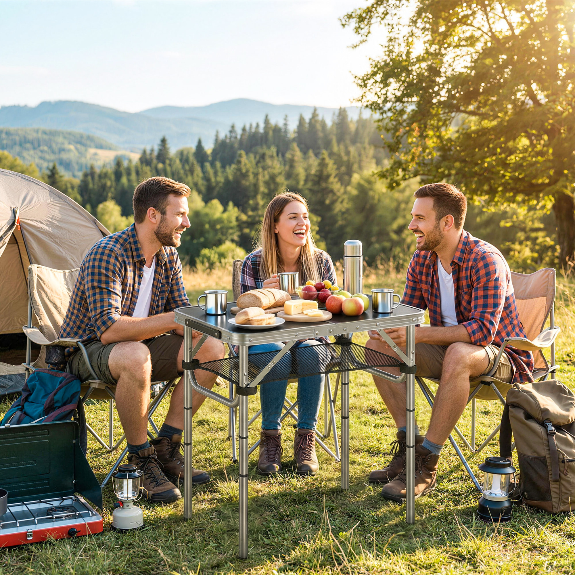 Table de camping pliable réglable alu noir avec rangement filet