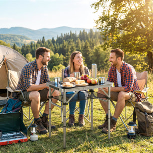 Table de camping pliable réglable alu noir avec rangement filet