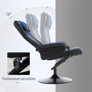 Fauteuil gamer inclinable pivotant avec repose-pied - coussins lombaires, tétière inclus - revêtement synthétique bleu noir