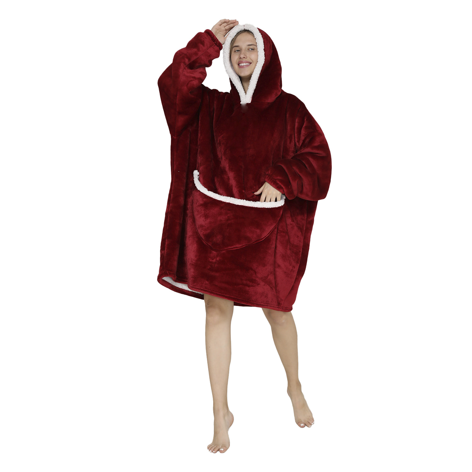 Vestaglia stile felpa e coperta in morbidissimo pile. Tasca frontale a marsupio. disegno rosso