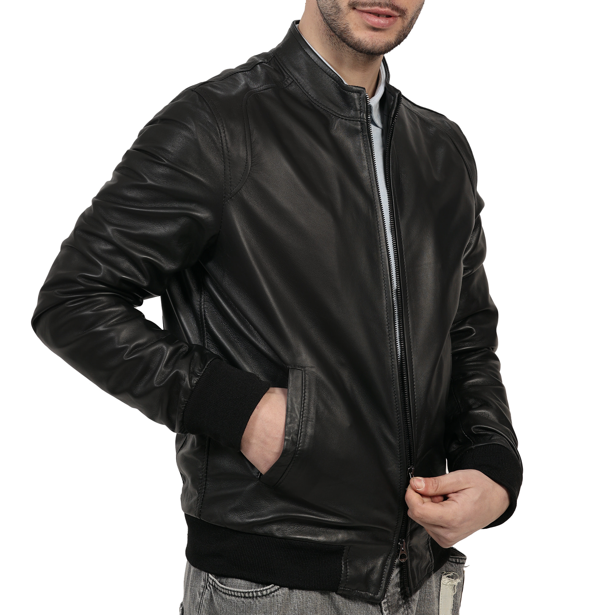Giubbino in vera pelle di vitello Nero-Slim Fit