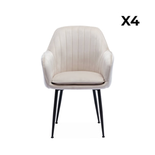 Lot de 4 fauteuils en velours blanc cassé et pieds en métal noir. Shella L 57 x P 59 x H 84.5