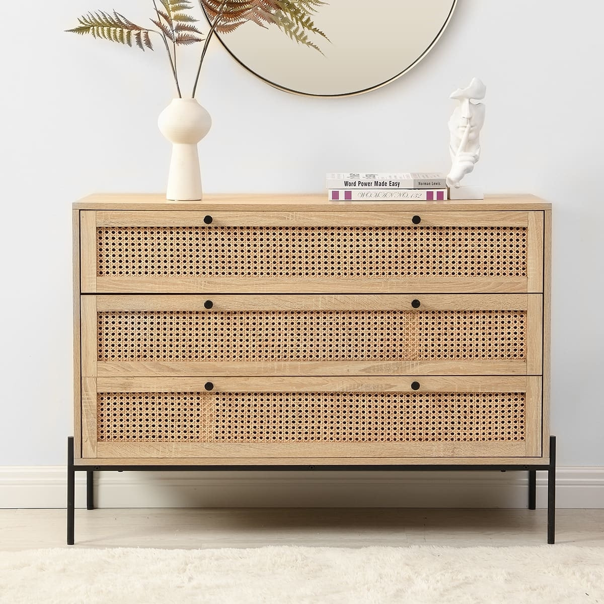 Commode 3 tiroirs en cannage et effet chêne - IRIS