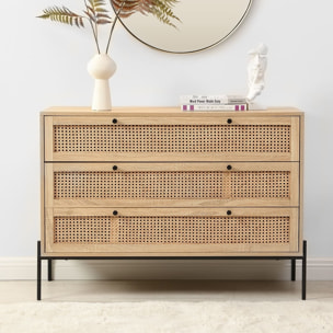 Commode 3 tiroirs en cannage et effet chêne - IRIS