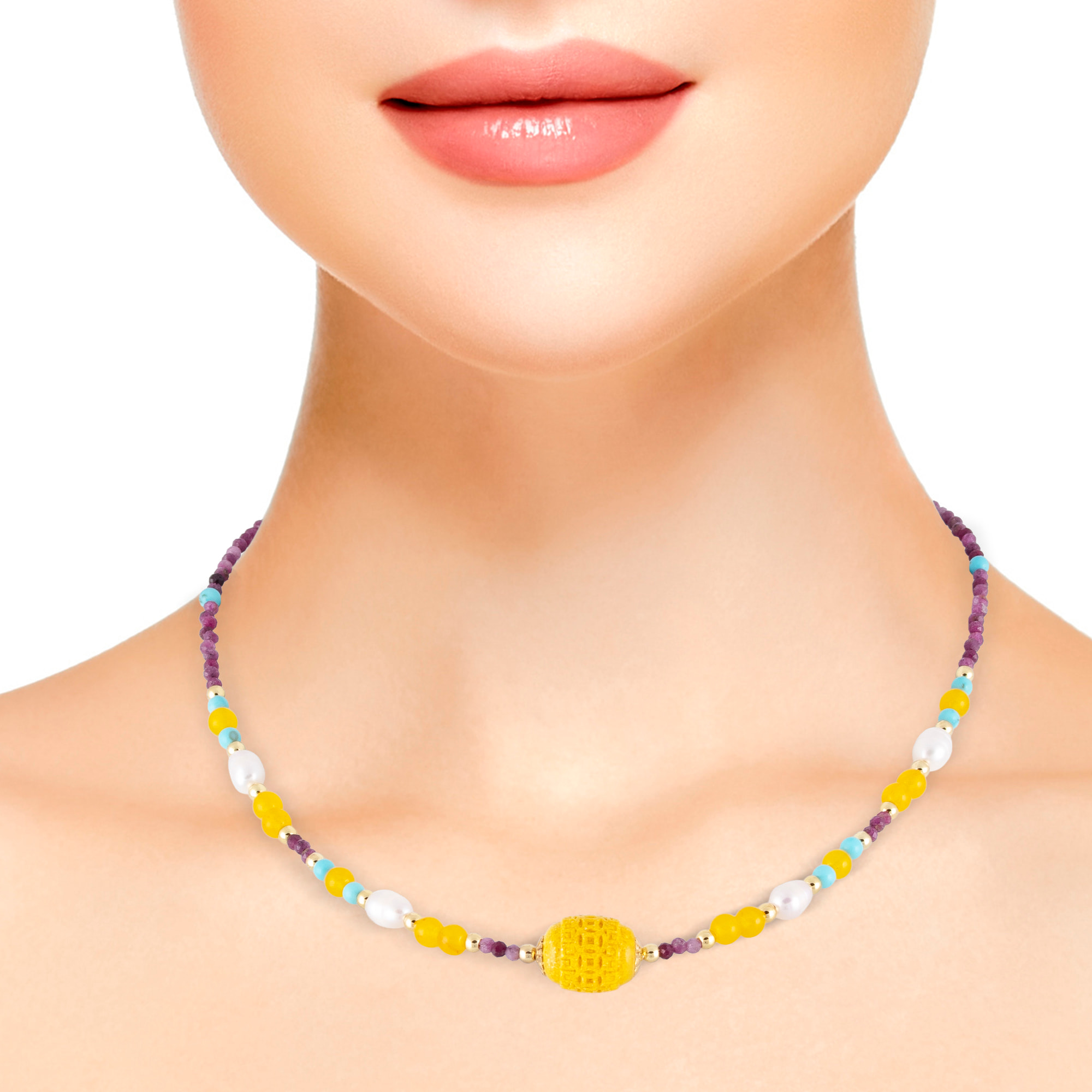 Set de pulsera y collar a juego de crisoberilo, turmalina, citrino, turquesa y perlas naturales con cierre de mosquetón.