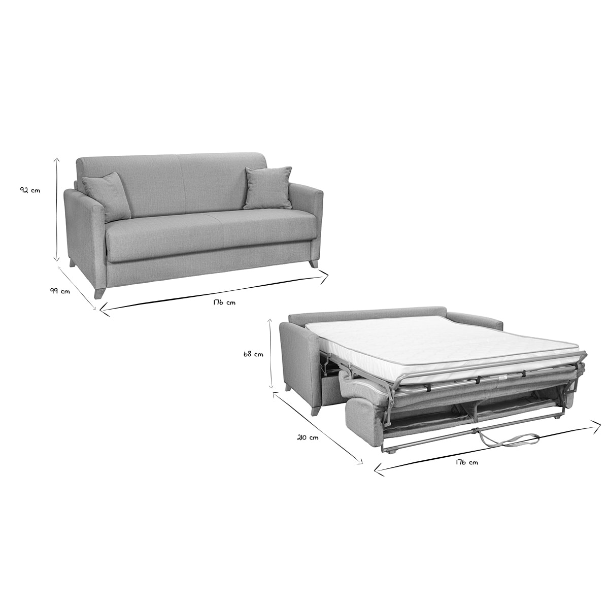 Canapé convertible 3 places en tissu gris clair et bois clair avec matelas 13 cm SKANDY