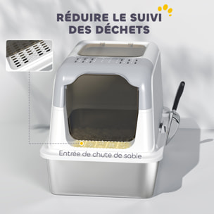Maison de toilette bac à litière fermé acier inox - pelle, 2 portes, désodorisant - blanc