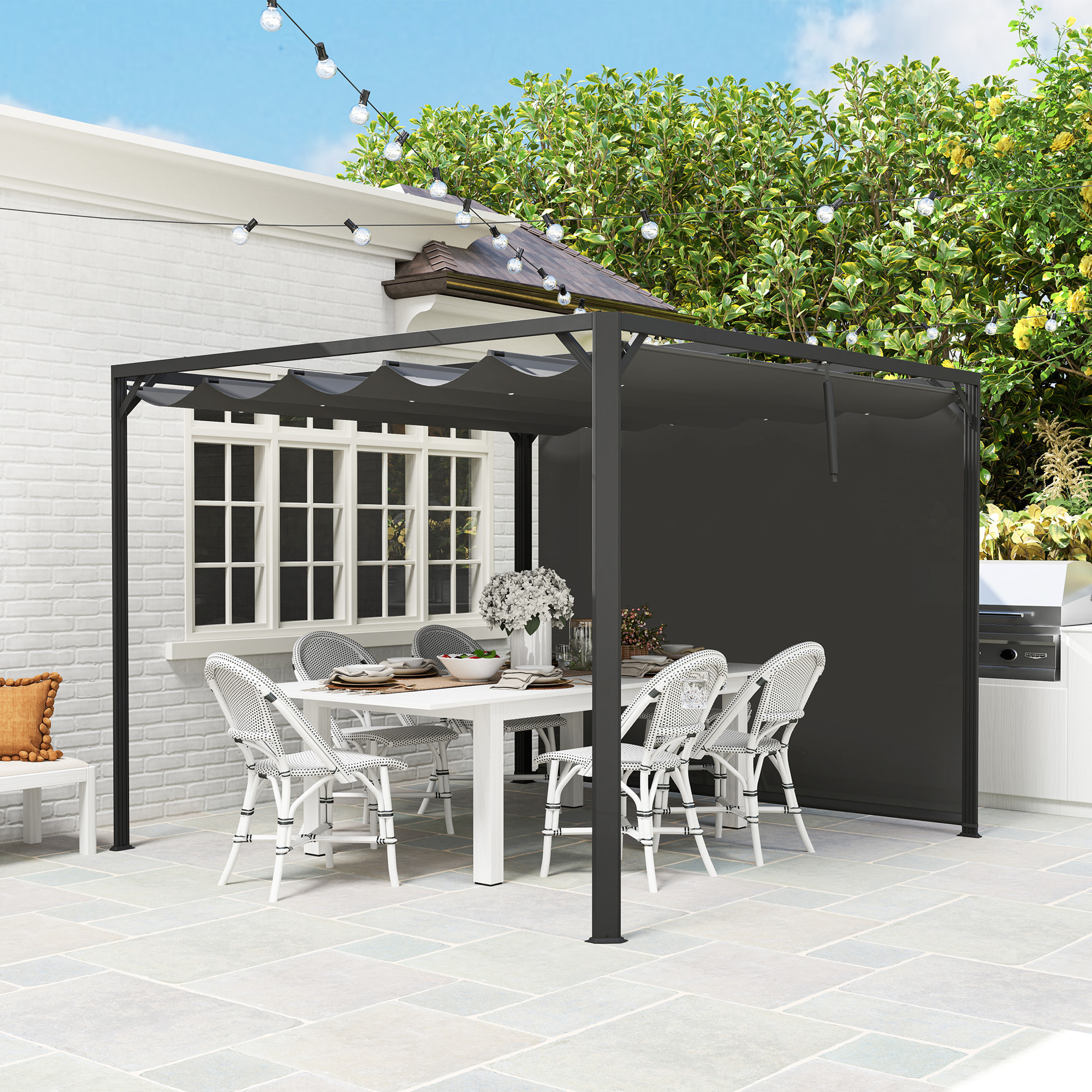 Pérgola de Jardín 3x3 m con Techo Retráctil y Pared Lateral Enrollable, Cenador de Jardín con Estructura de Aluminio, UPF30+, Pabellón para Exterior, Patio, Terraza, Gris Oscuro