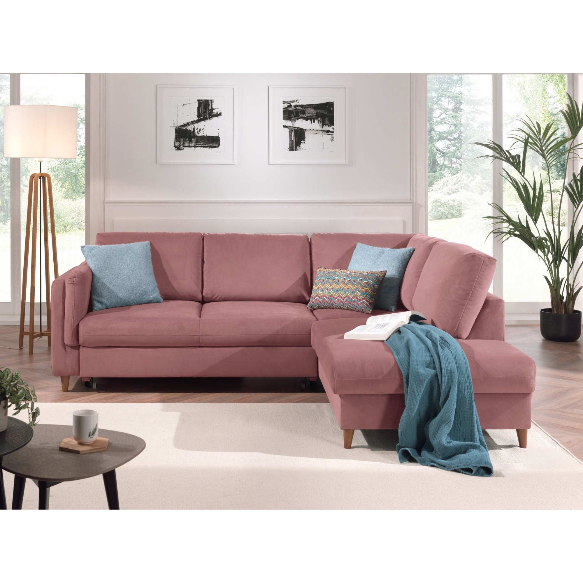 Brooke - canapé d'angle droit - convertible - 5 places - en velours - Rose