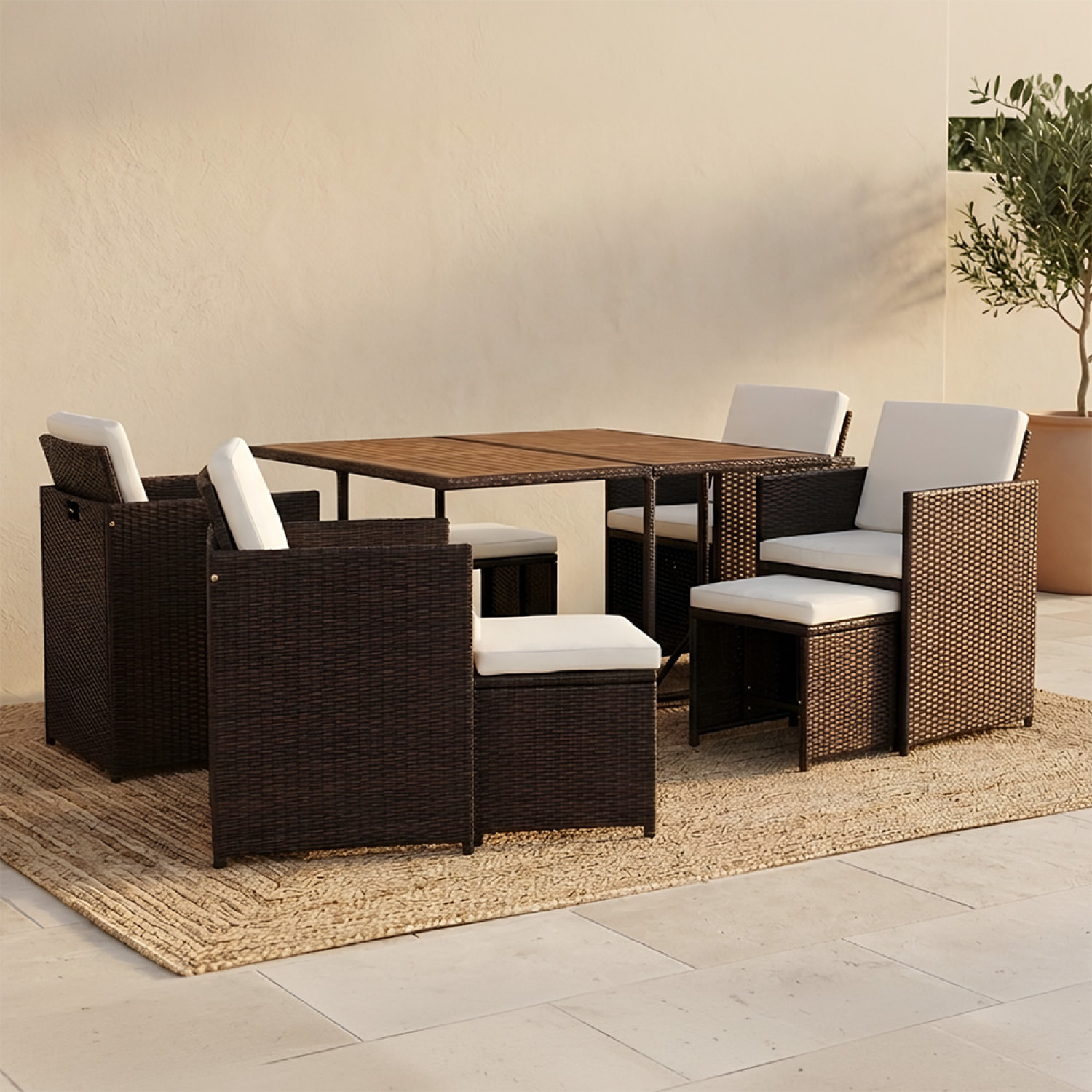 Salon de jardin 8 pl en résine marron et coussins beige + housse CASCO