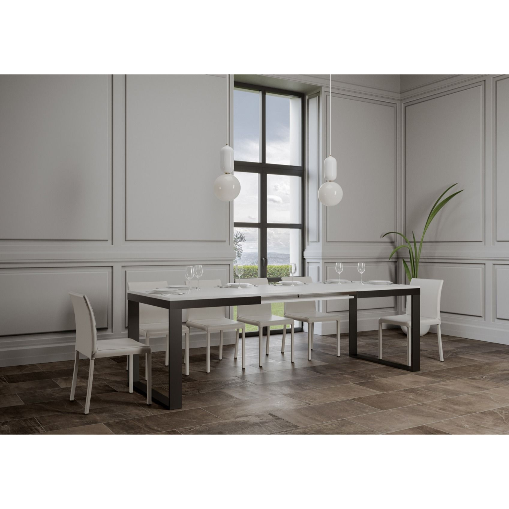 Mesa extensible 90x160/420 cm Tecno Evolution Fresno Blanco estructura Antracita