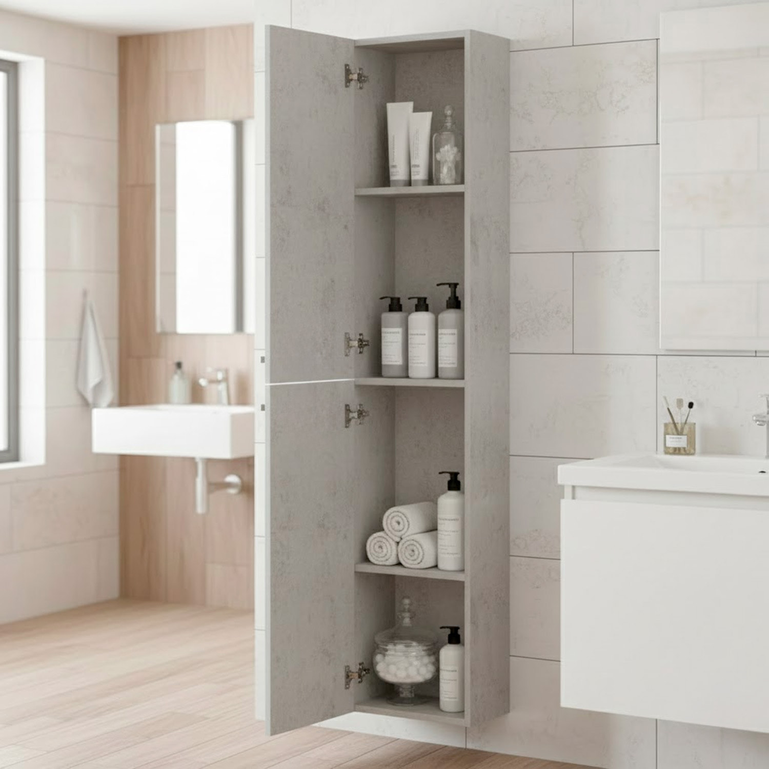 Mobile Alto Da Bagno Sospeso Con 2 Ante E 3 Mensole Interne Colonna Moderna Sospesa Salvaspazio Melaminico Chiusura Assistita Design Industriale Lavanderia Ingresso 150 x 30 x 25 Cm Grigio Cemento