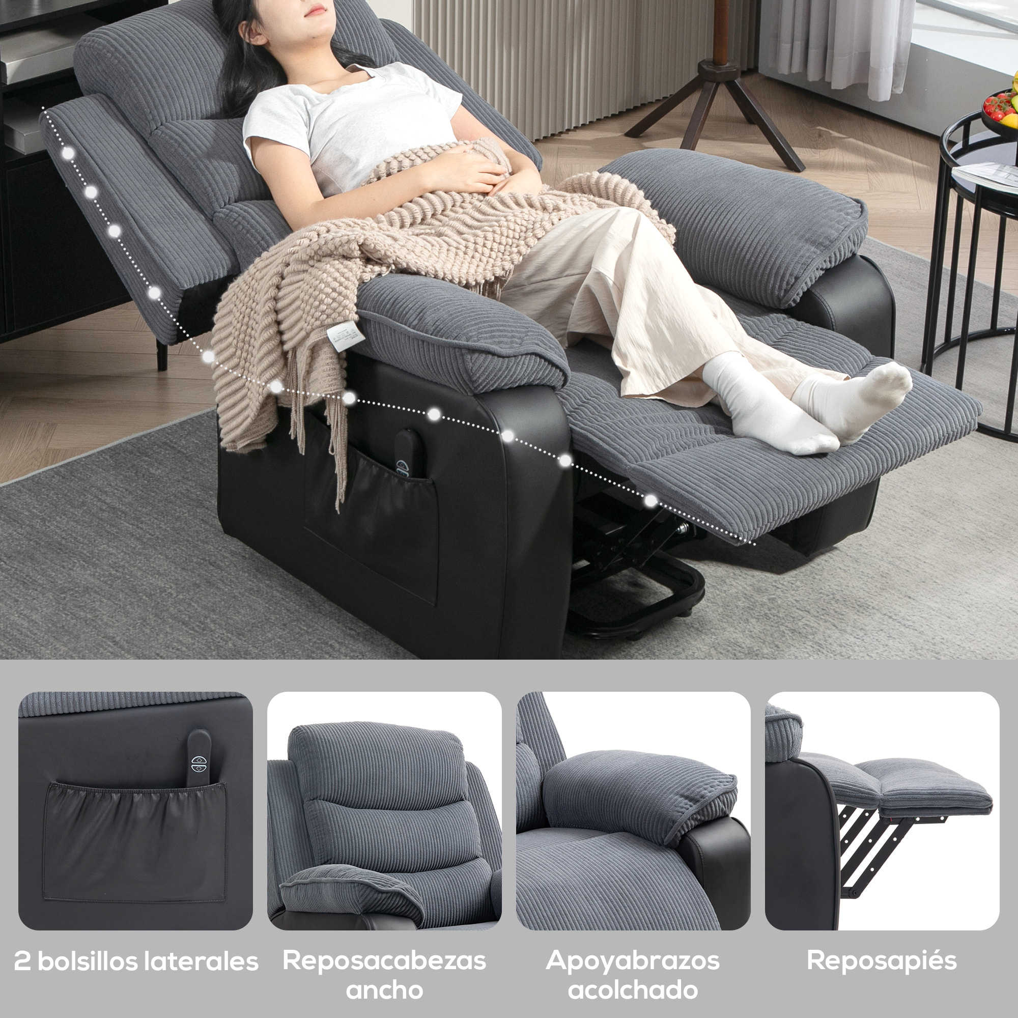 Sillón Relax Reclinable Eléctrico Levanta Personas Mayores, Sillón Elevador, con Puerto USB, Asiento Ancho 60 cm, Control Remoto, Reposapiés, Tapizado en Pana y Cuero, Bolsillos, Gris Oscuro