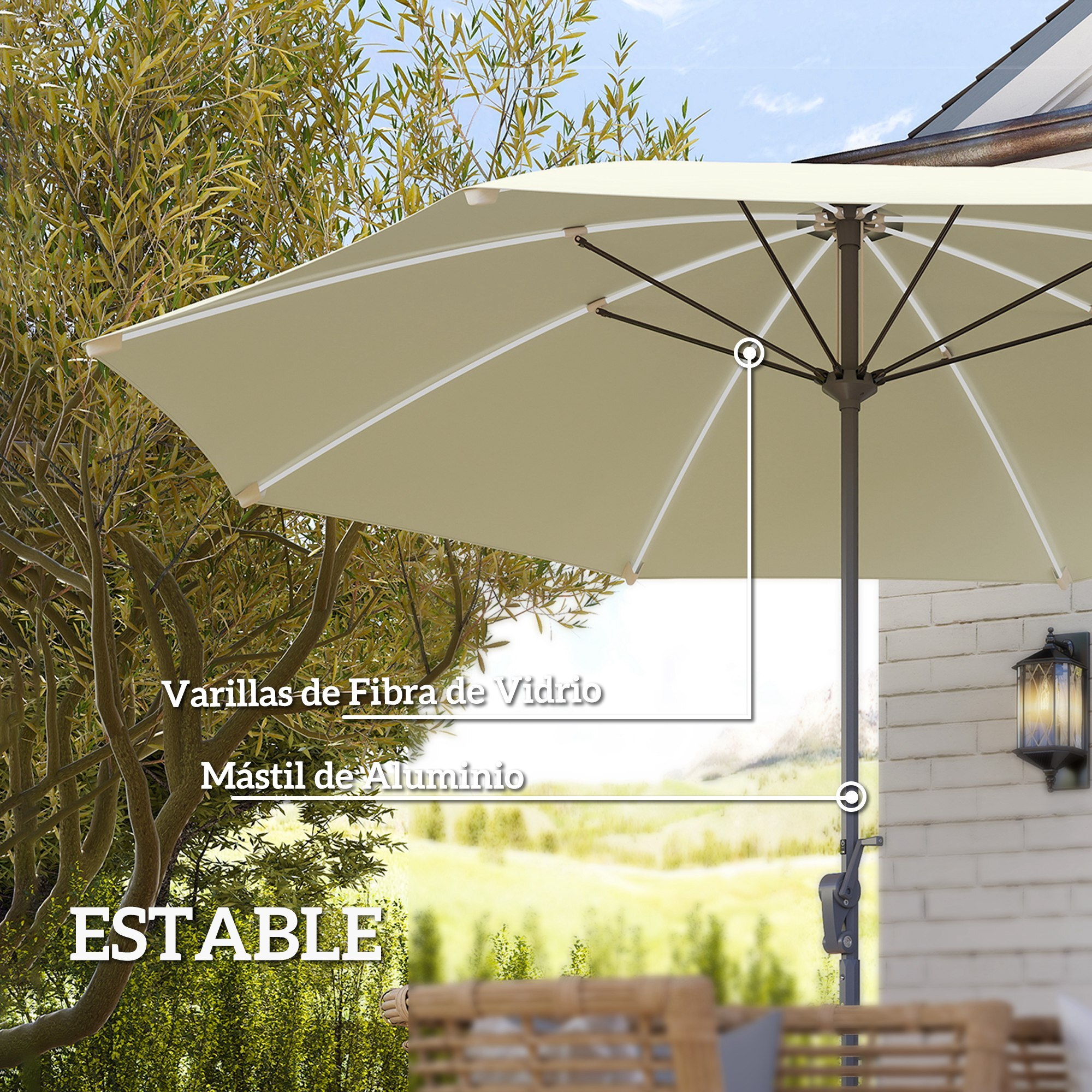 Sombrilla Terraza Exterior con Luces LED Ø300x256 cm Sombrilla de Jardín con Manivela Techo de Ventilación Protección UV50+ y Poste de Aluminio Parasol para Patio Piscina Playa Crema