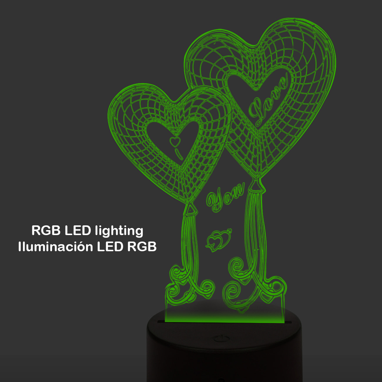 Lámpara ambiental efecto 3D, diseño Love. Luces RGB intercambiables, con efectos y mando a distancia.