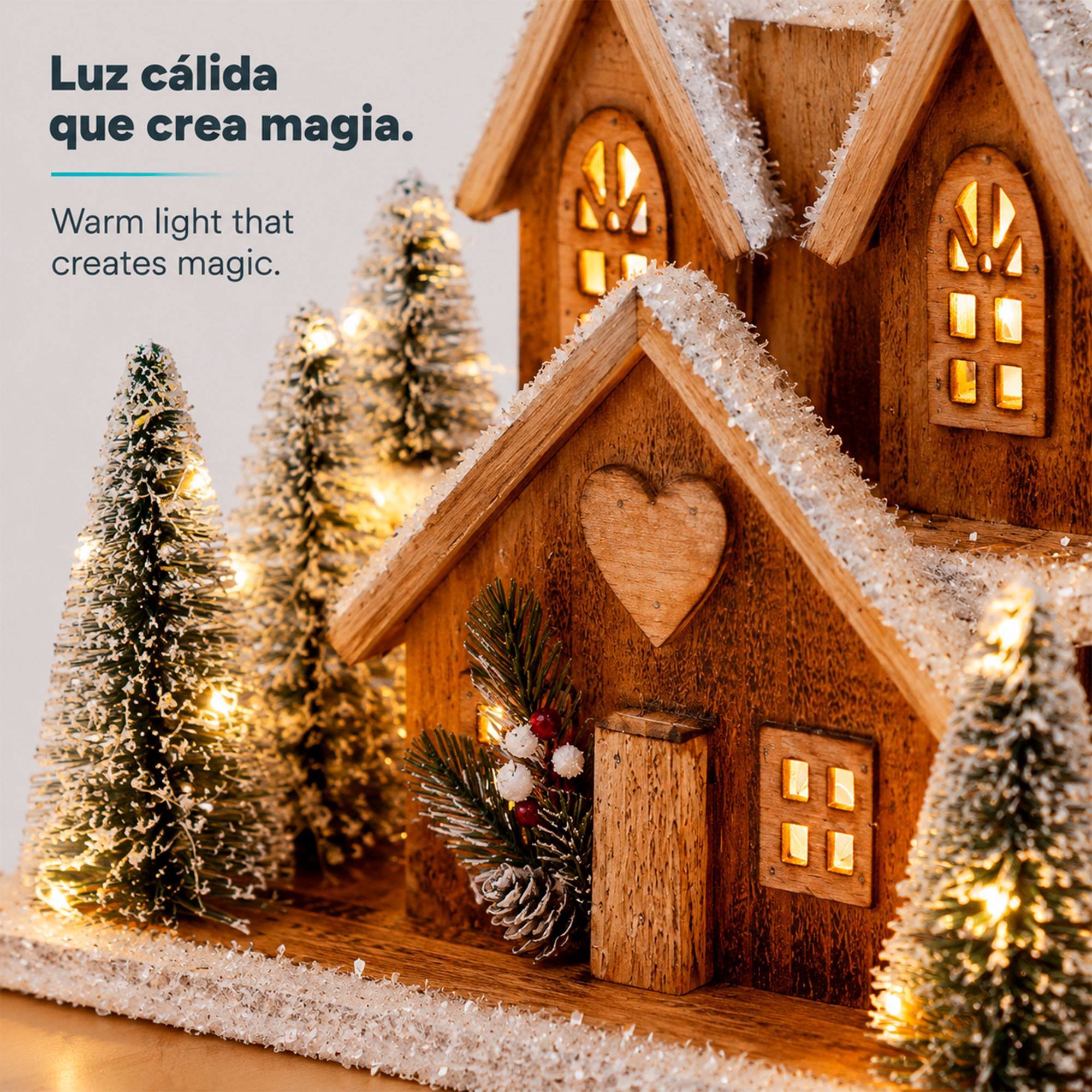 Casa navideña de madera con led blanco cálido y 6 árboles nevados, temporizador 6h 32x12x33 cm