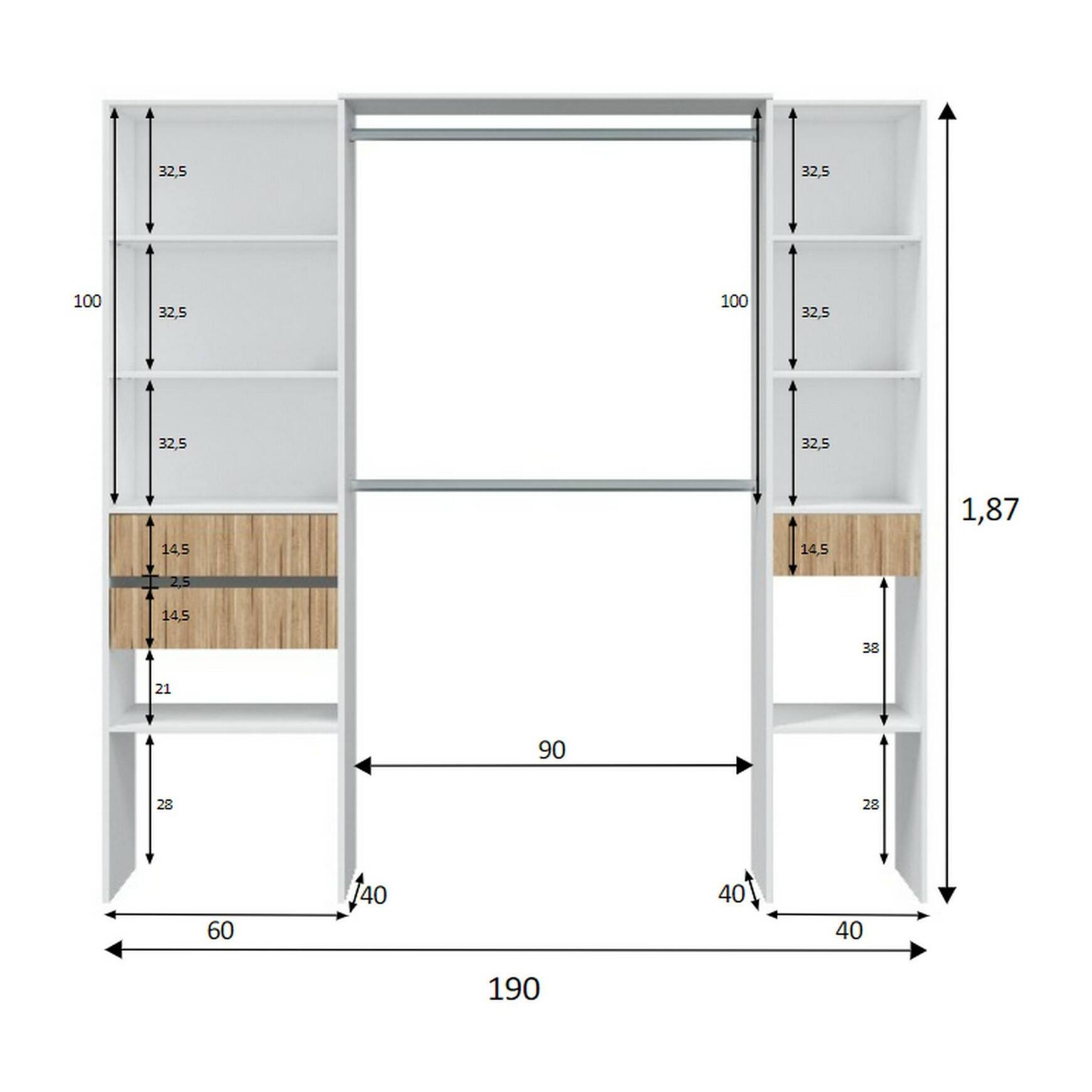 Guardaroba Worland, Mobile camera da letto, Armadio appendiabiti con ripiani e 3 cassetti, 196x40h187 cm, Bianco e Rovere