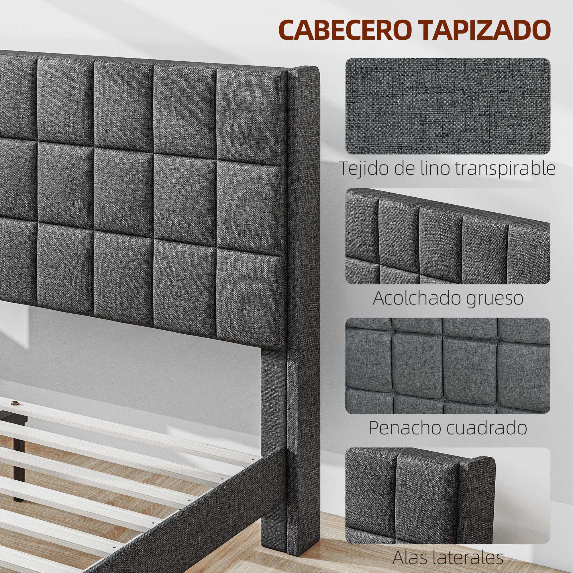 Cama 135x190 cm Estructura de Cama Somier con Cabecera Tapizada de Lino y Espacio de Almacenamiento Debajo de la Cama Carga 300 kg Gris