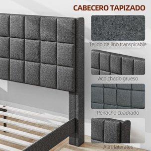 Cama 135x190 cm Estructura de Cama Somier con Cabecera Tapizada de Lino y Espacio de Almacenamiento Debajo de la Cama Carga 300 kg Gris