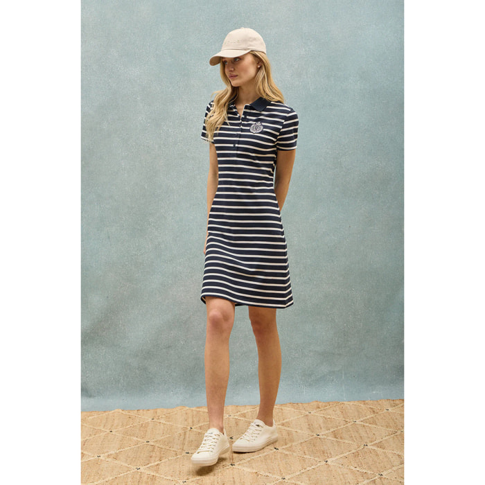 Vestito blu marino a righe e collo a polo con toppa nautica