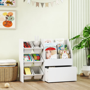 Rangement enfant 3 en 1 - structure bacs x 6, coffre à jouet, bibliothèque - blanc