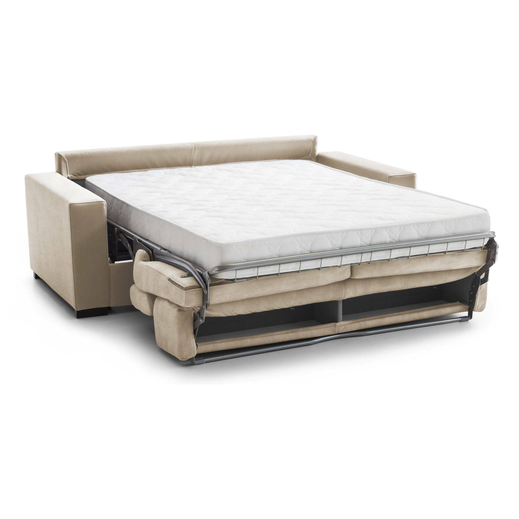 Divano Letto Aisha, Divano a 3 posti, 100% Made in Italy, Sofà Soggiorno con apertura girevole, con poggiatesta regolabili e Braccioli slim, Cm 200x95h85, Beige