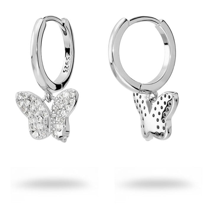 Orecchini a Cerchio in Argento 925 con Ciondolo Farfalla in Pavé di Cubic Zirconia