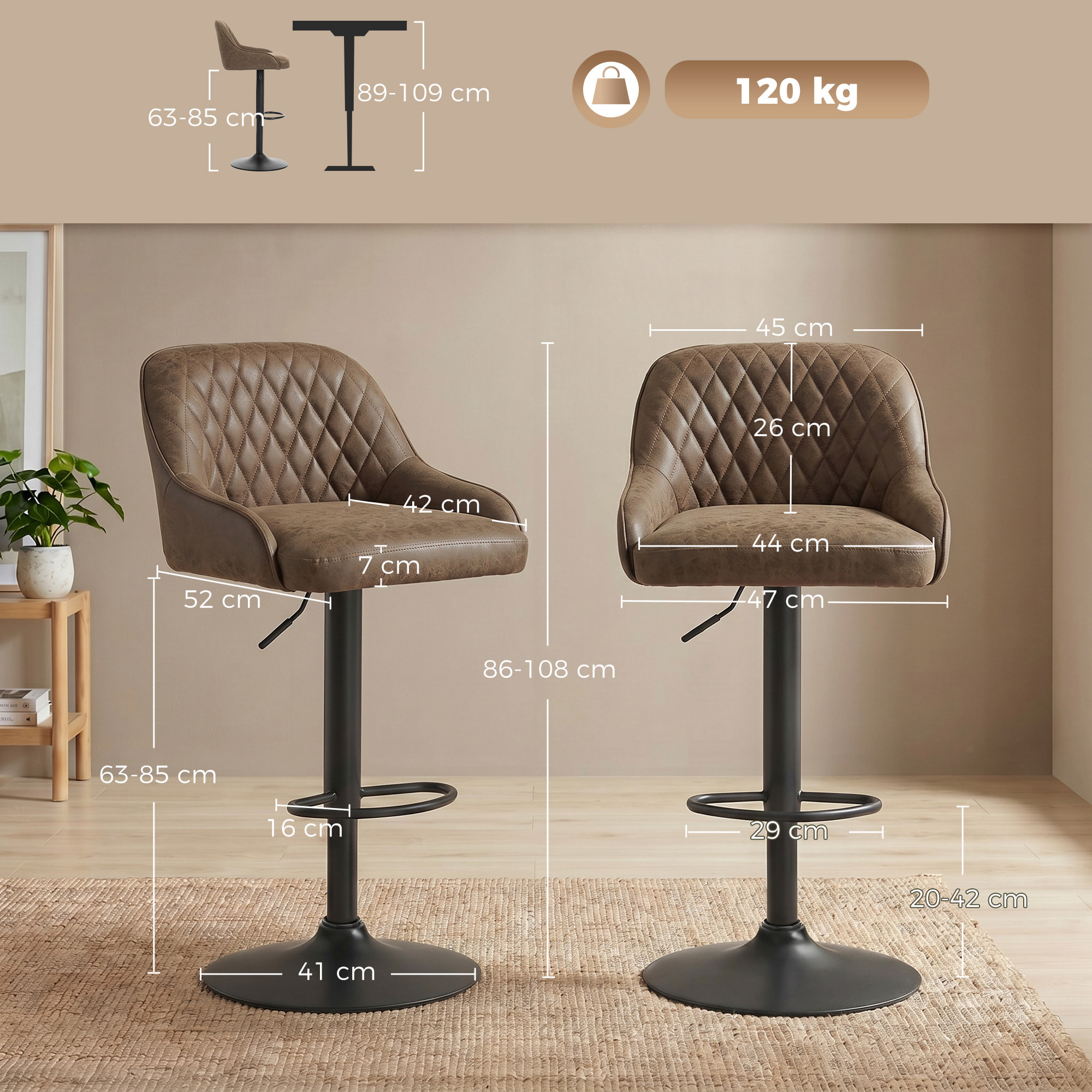 Lot de 2 tabourets de bar pivotants réglables design Chesterfield vintage