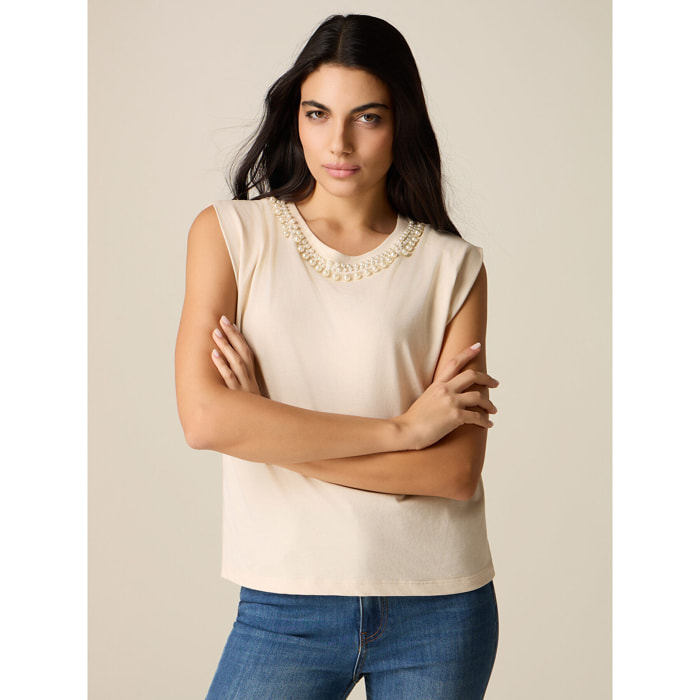 Oltre - T-shirt in cotone con perle - Beige