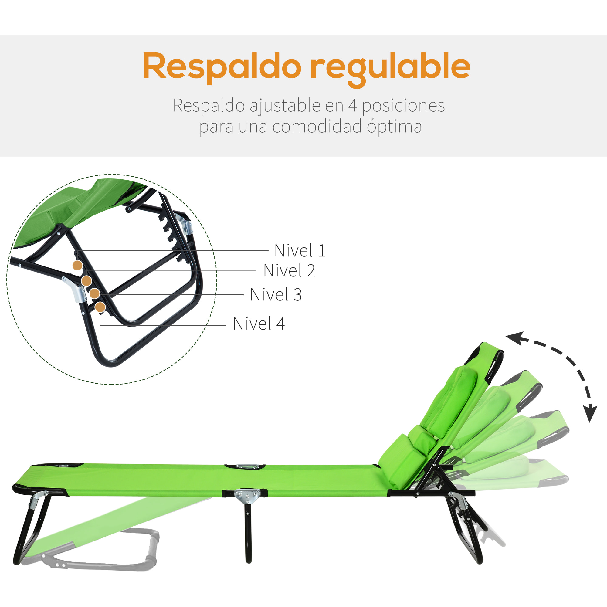 Outsunny Tumbona Plegable con Respaldo Regulable en 4 Posiciones Tumbona de Jardín con Orificio de Lectura Almohada Marco Metálico y Tela Oxford para Playa Terraza Carga 120 kg 190x56x28 cm Verde