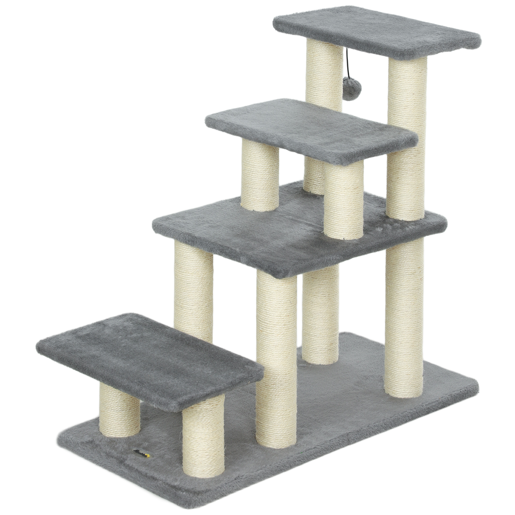 Escalier pour chat 4 marches - 8 poteaux griffoirs, jeu boule suspendue - sisal peluche gris
