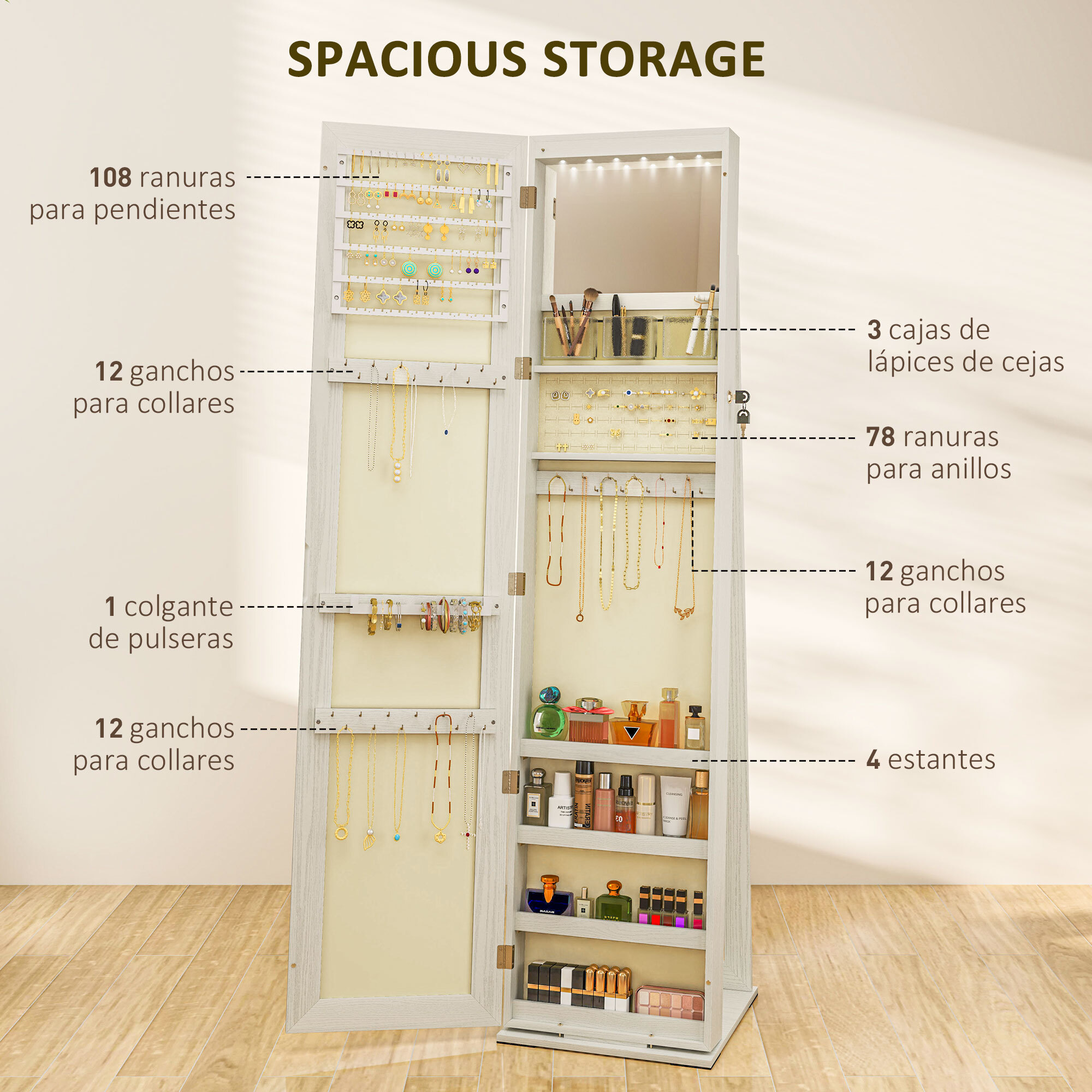 Espejo Joyero de Pie Armario Joyero con Luces LED y Cerradura Armario de Joyas con Espejo Integrada para Dormitorio Blanco con Veta de Madera
