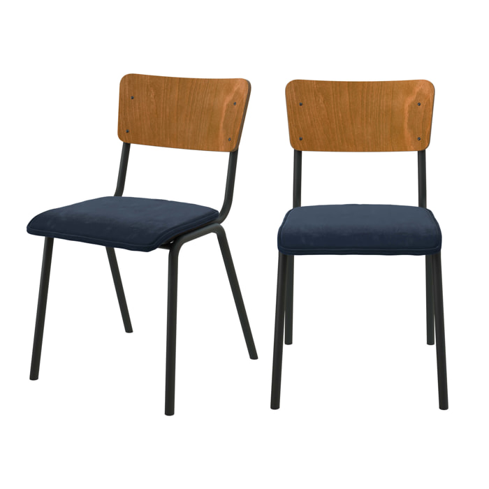 Lot de 2 chaises en bois foncé et velours bleu - Nico