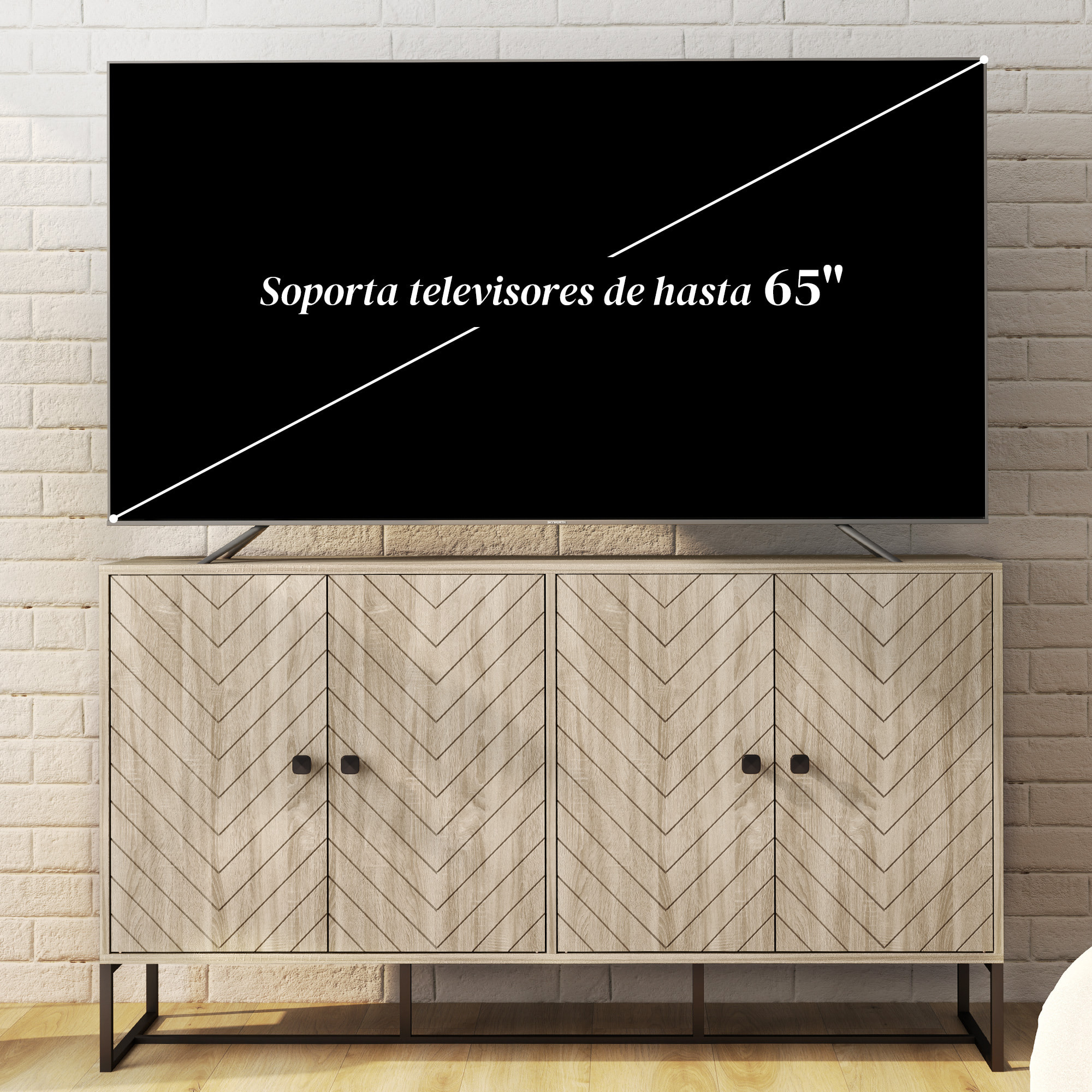 Aparador de 4 Puertas con Diseño Chevron, Aparador de Salón con Estantes Ajustables, Patas de Acero, para Cocina, Entrada, Dormitorio, Roble, 140,5x40x81,5 cm