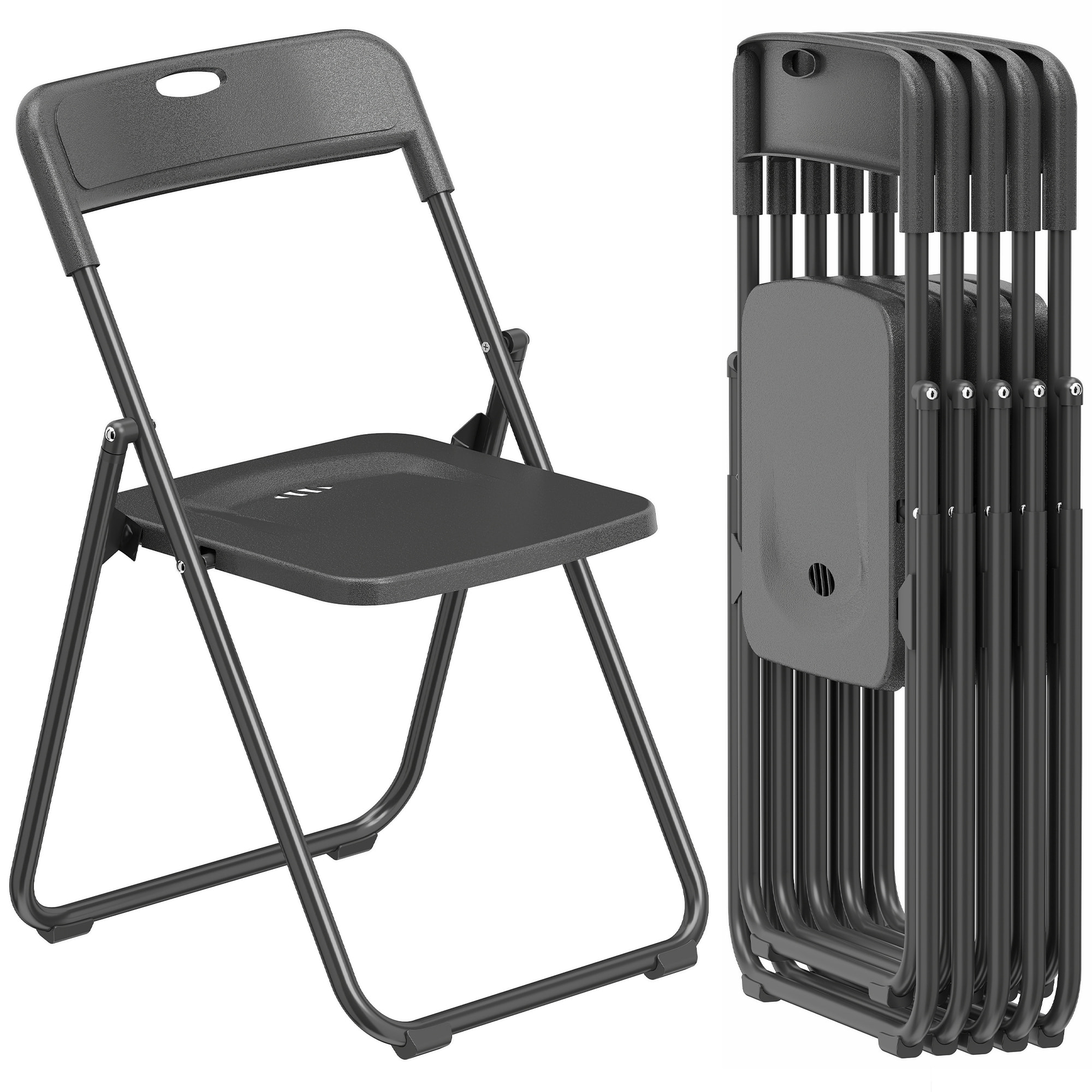 Juego de 6 Sillas Plegables de Plástico, Estructura de Acero, Sillas de Comedor con Respaldo Curvo, Asiento Cóncavo, para Espacios Pequeños, Salón, Oficina, Cocina, Negro