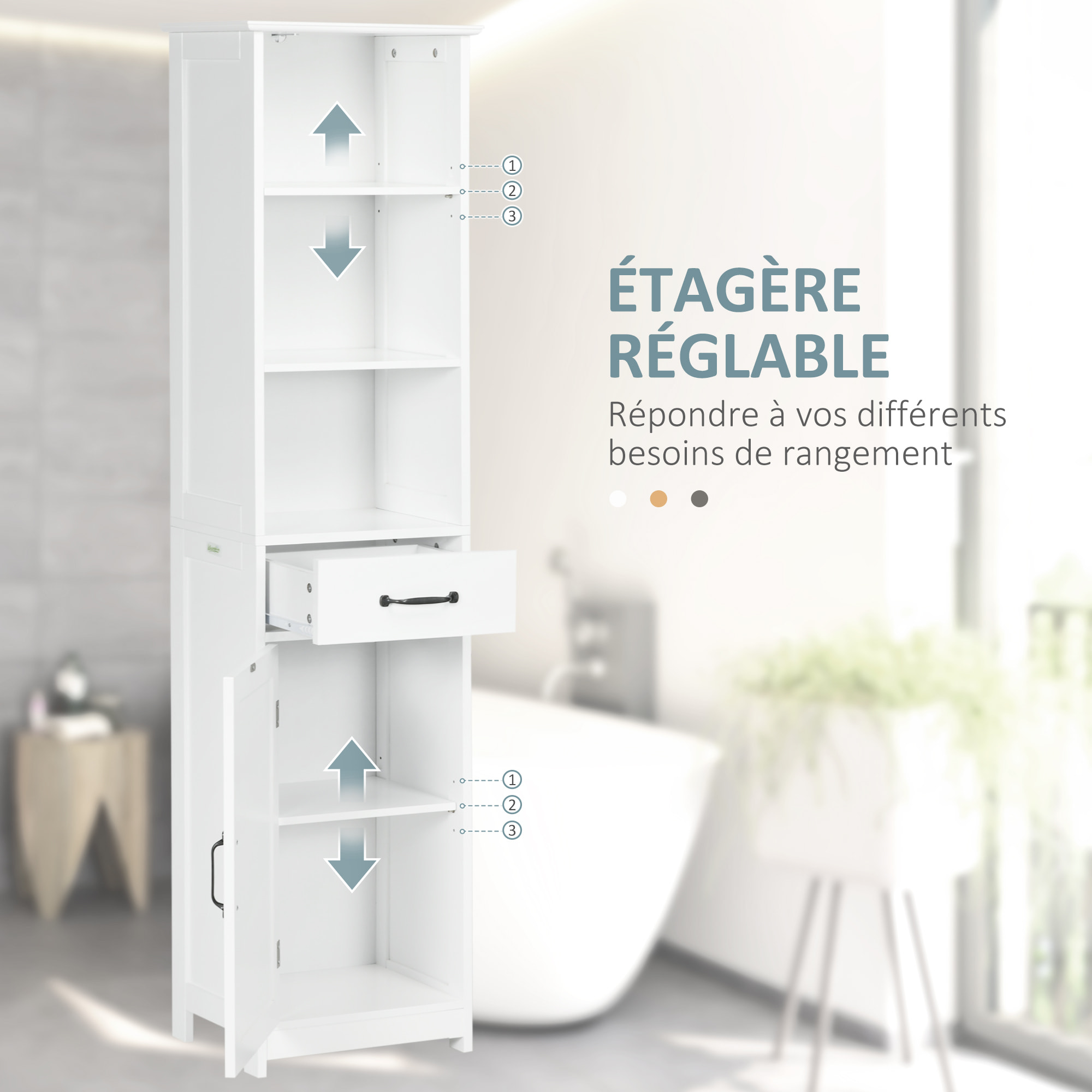 Colonne salle de bain dim. 40 x 30 x 164 cm - porte, étagère, tiroir, 3 niches - blanc
