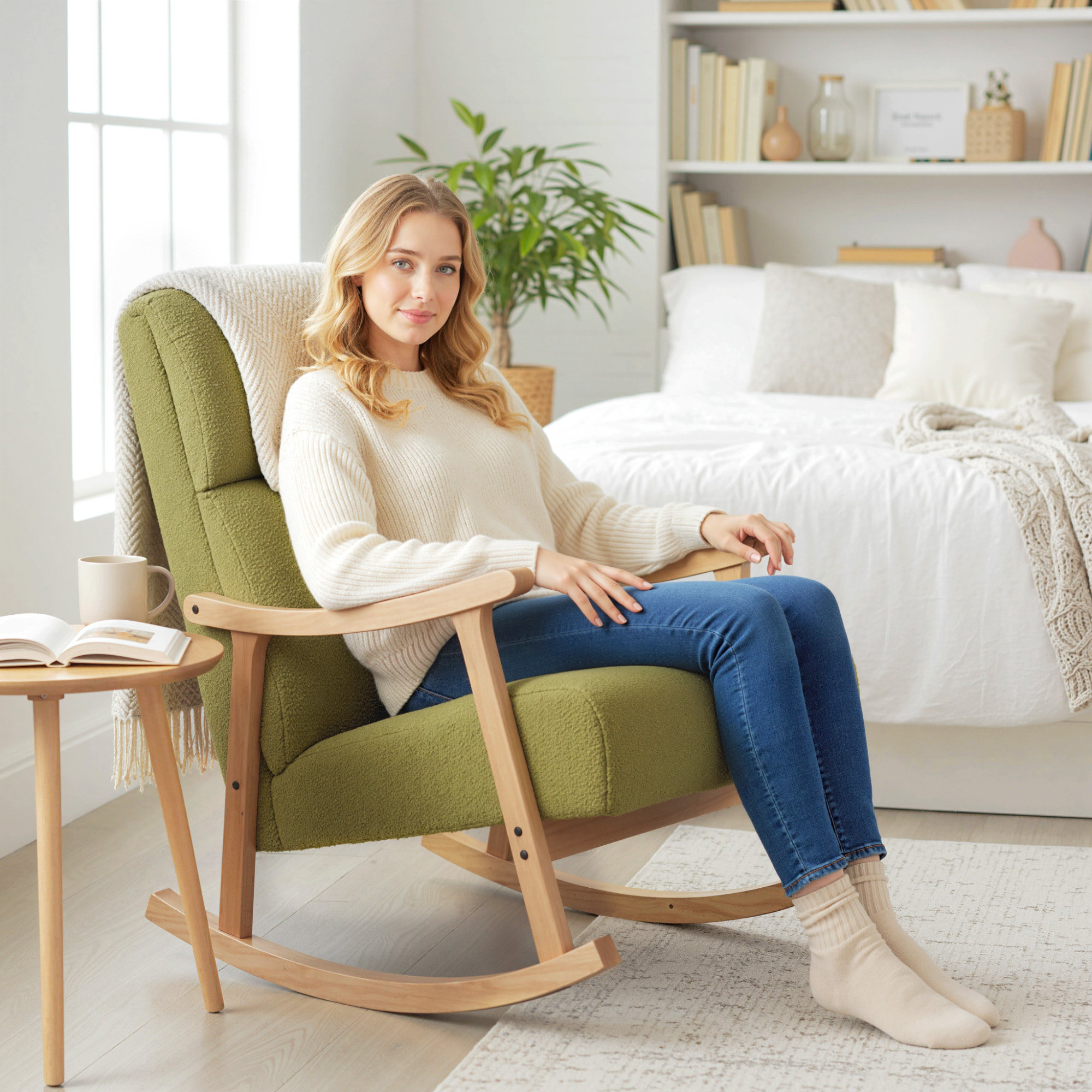 Silla Mecedora de Borreguito Moderna, Mecedora con Patas y Reposabrazos de Madera de Caucho, Respaldo Alto, Sillón de Lactancia Carga 120 kg, para Dormitorio, Salón