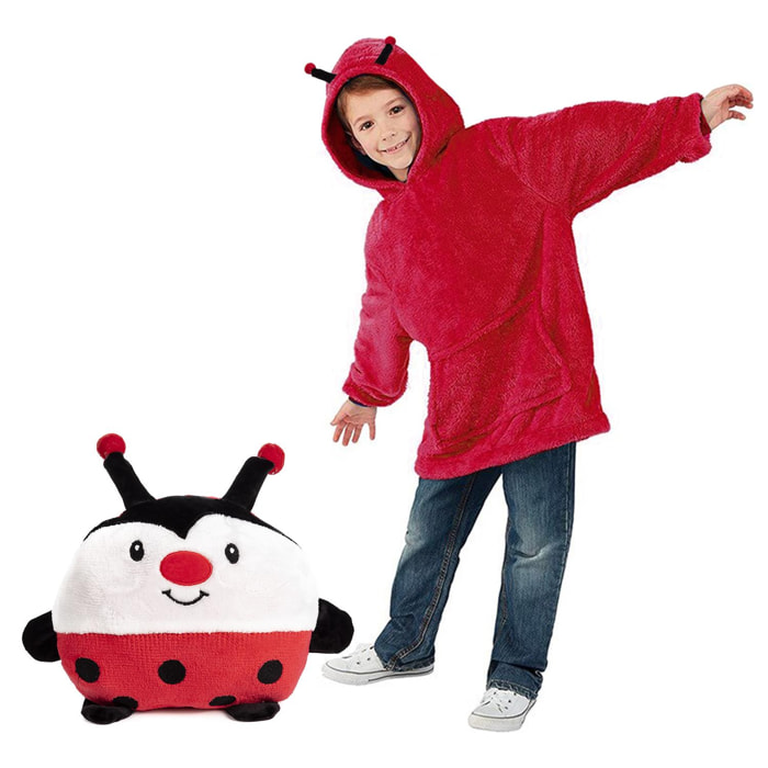 Peluche convertible en sudadera de felpa extrasuave, 60x47cm. Bolsillo frontal tipo canguro. Diseño Mariquita