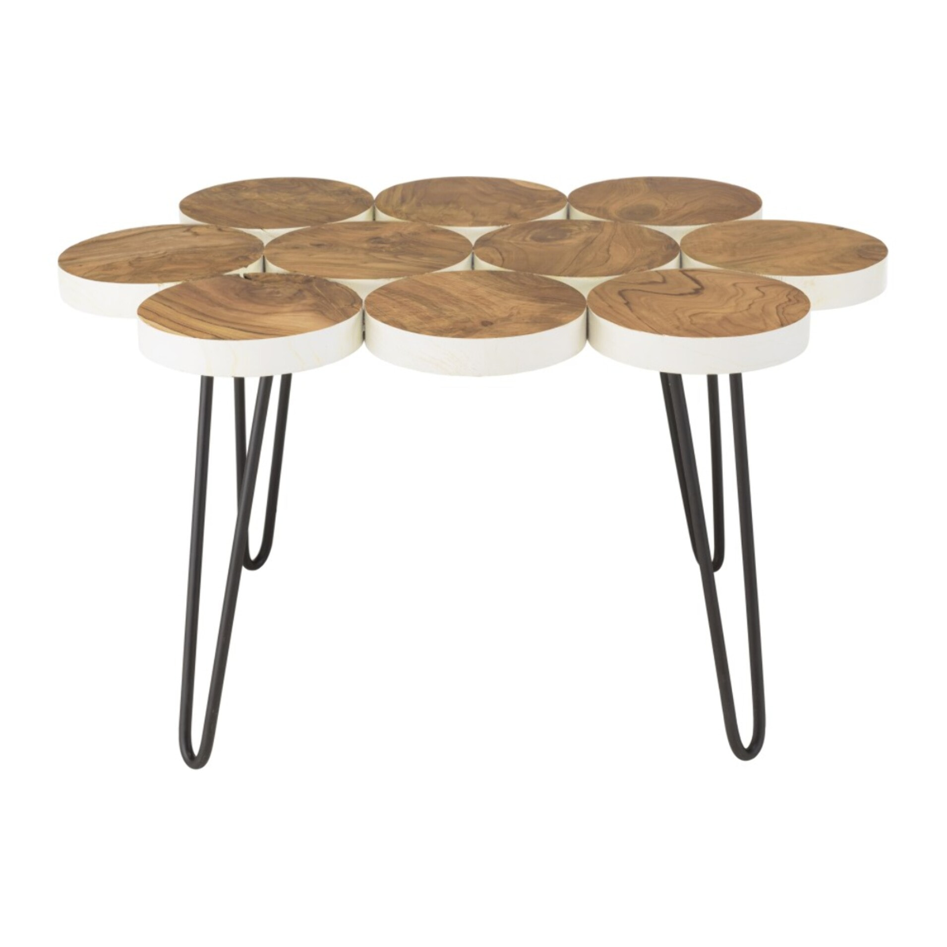 SAM - Table basse plateau rondelles bois teck pieds épingles